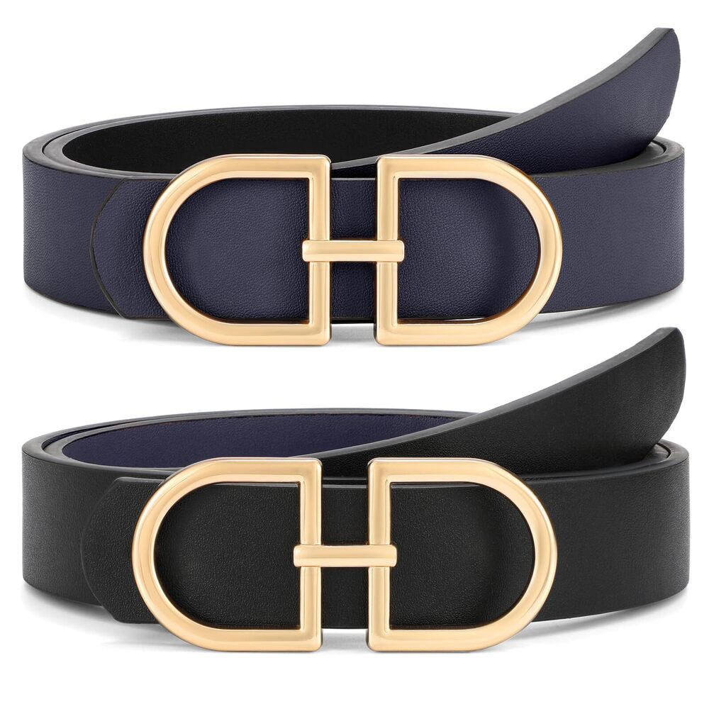 5421 Reversible Leather Belt For Women With Gold Buckle Ladies Two-in-one